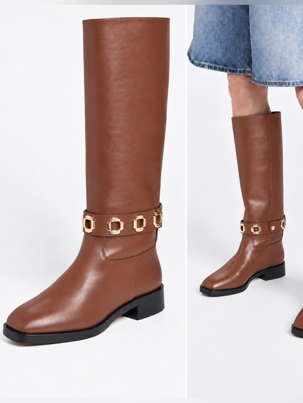 Larroudé Milan Flat Boots Caramel Leather Gold Hardware Knee High NIB - Picture 2 of 8